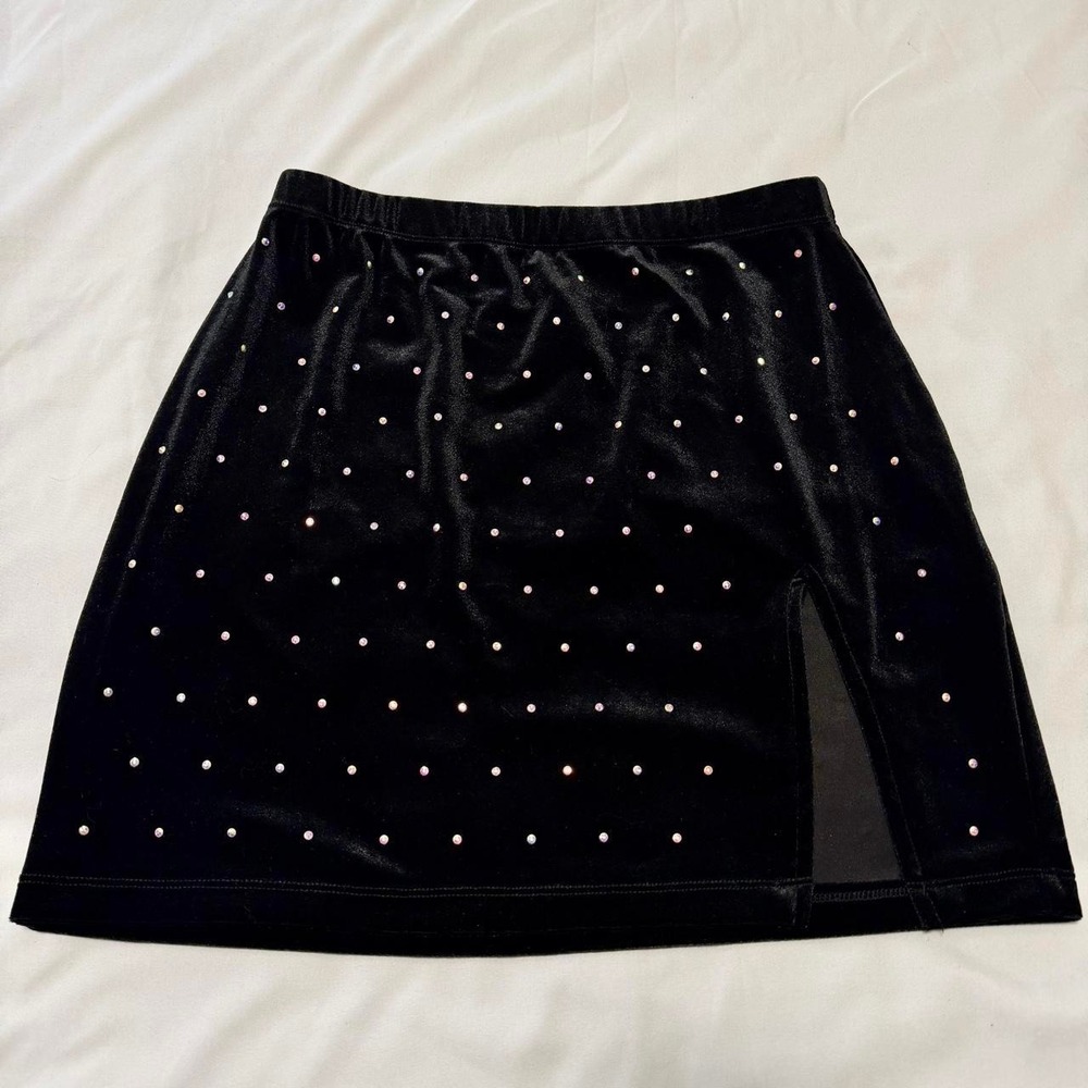Motel Black Velvet AB Rhinestone Mini Skirt Iridescent Side Slit Small